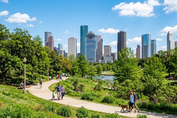 Parque urbano con el skyline de Houston de fondo