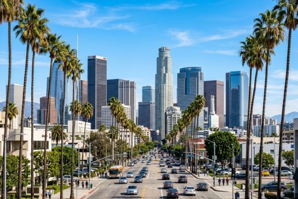 Skyline del centro de Los Angeles con palmeras