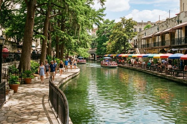 Paseo del Rio de San Antonio con cafes y barcos