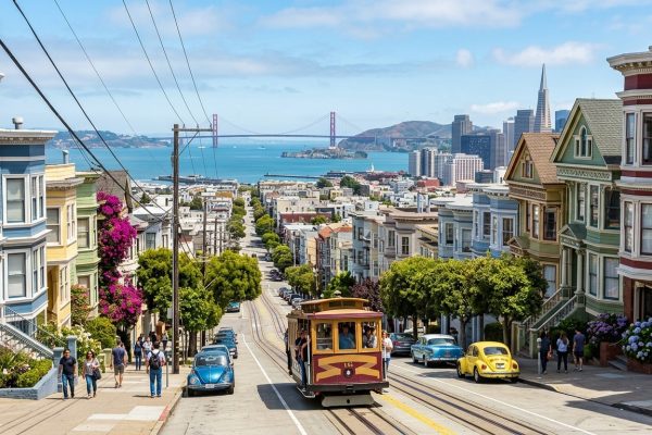 Calle de San Francisco con casas victorianas y un cable car